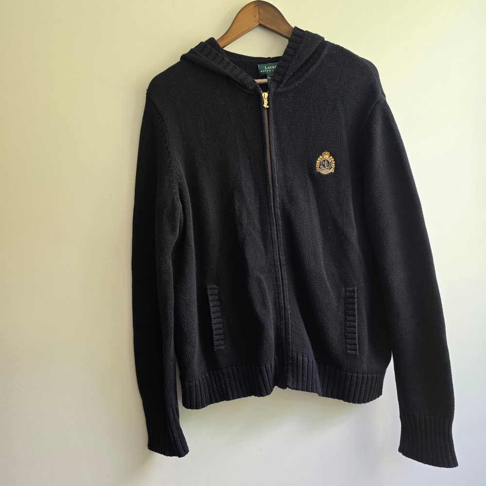 Lauren‎ Ralph Lauren Vintage Black Cotton Knit Full Zip Crest Hoodie Sweater L